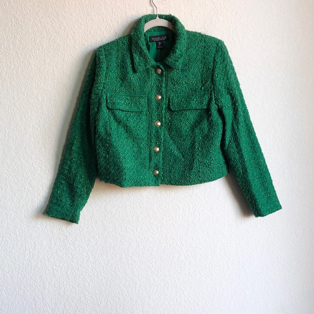 Rachel Zoe Boucle Boxy Suit Jacket Green Small Work Business Office